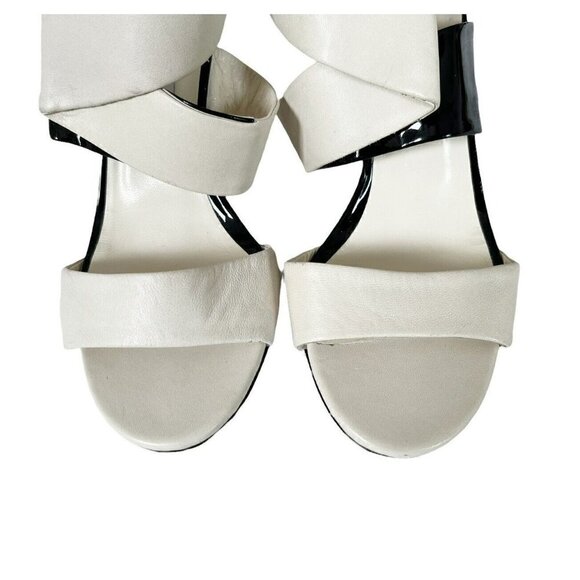Jimmy Choo Trapeze Pleated Asymmetrical Off White Black Patent Leather Sandals - Picture 4 of 12